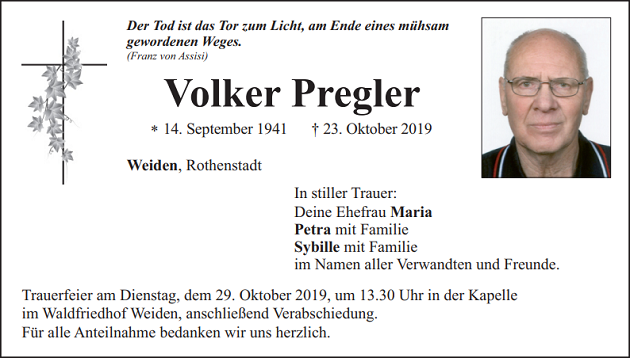 Traueranzeige Volker Pregler Weiden