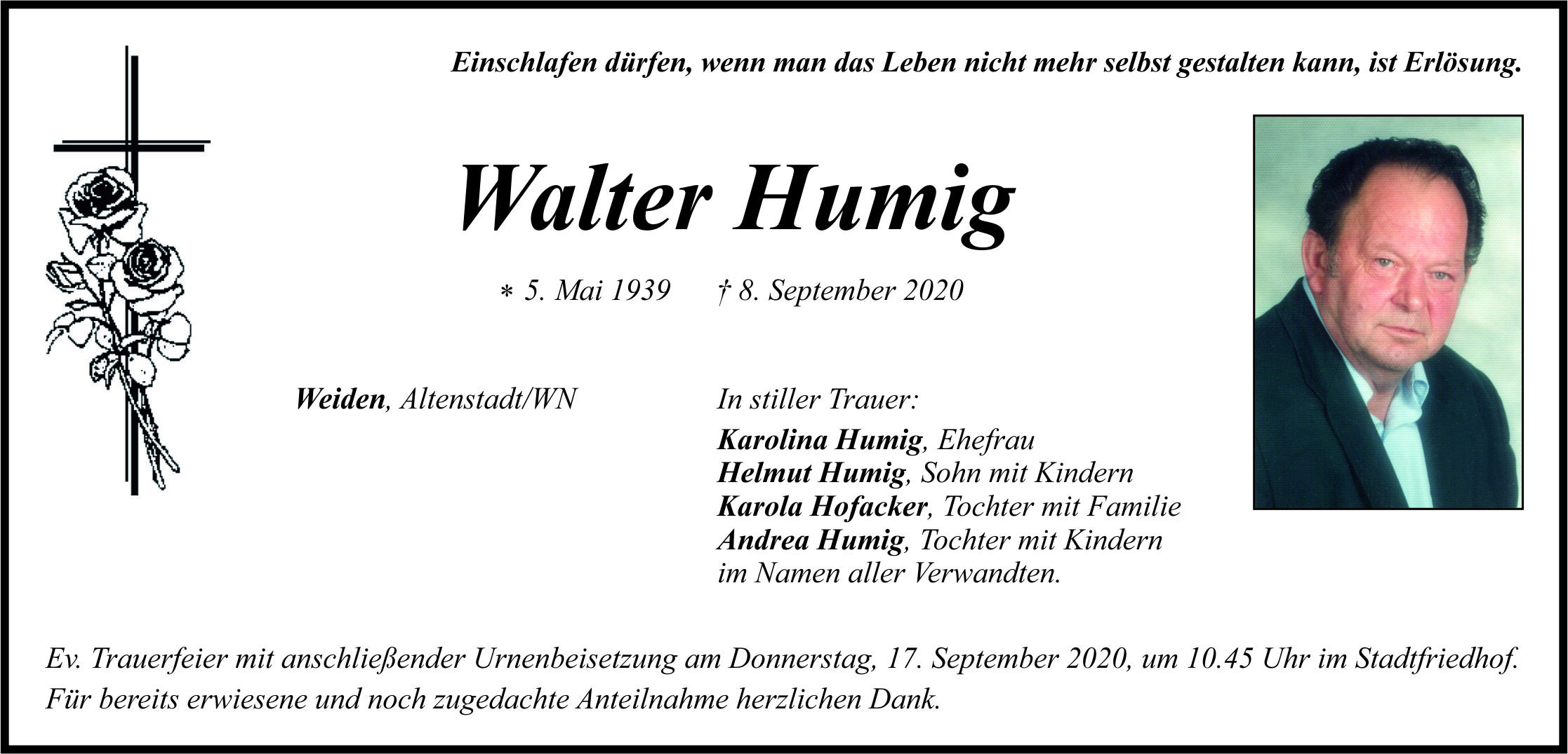 Traueranzeige Walter Humig, Weiden