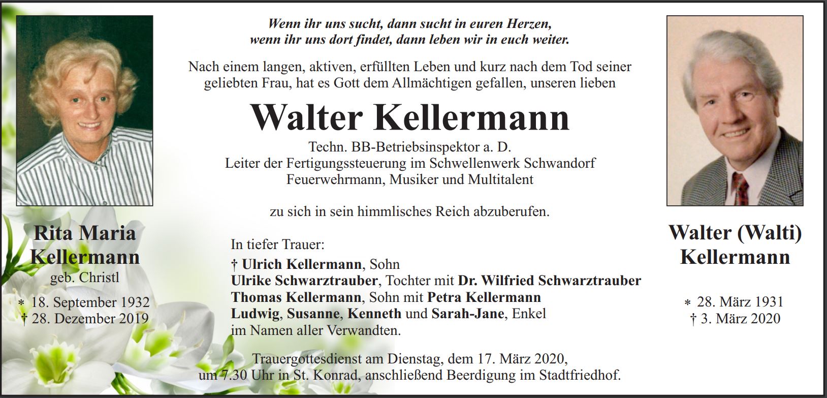 Traueranzeige Walter Kellermann, Weiden