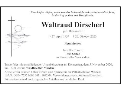 Traueranzeige Waltraud Dirscherl, Neunkirchen 400x300