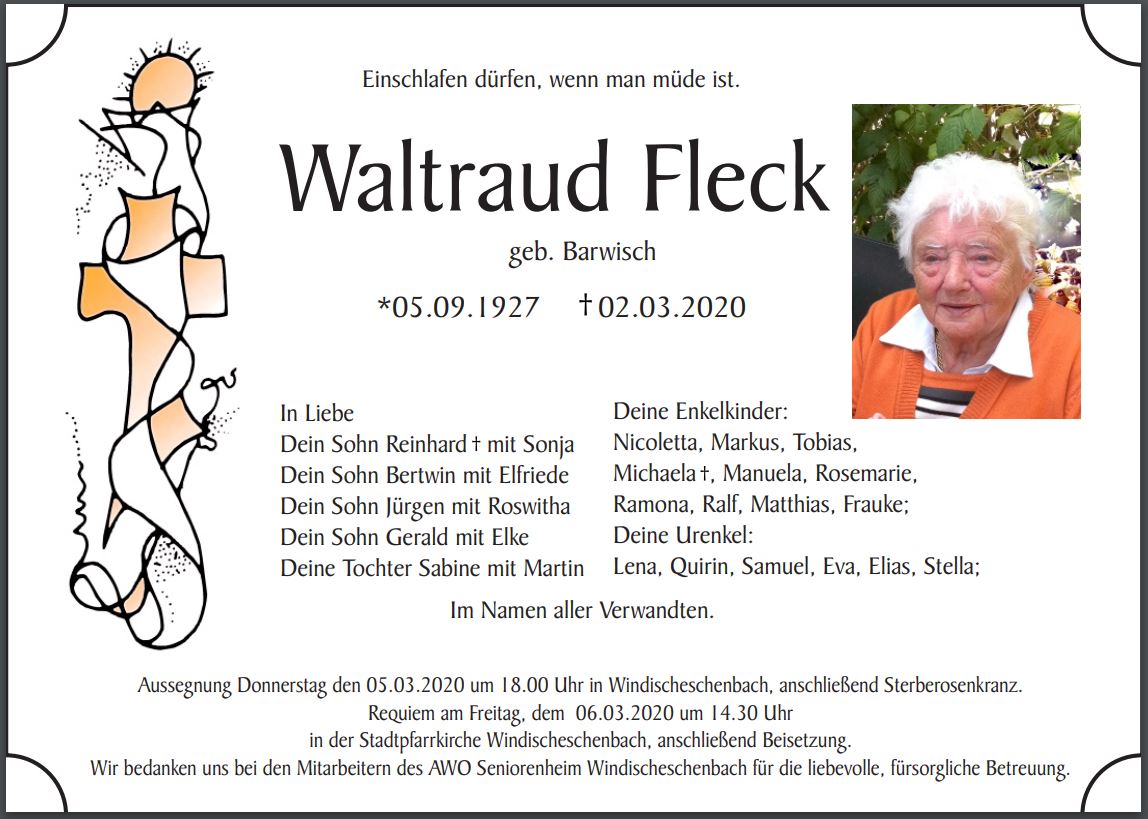 Traueranzeige Waltraud Fleck, Windischeschenbach