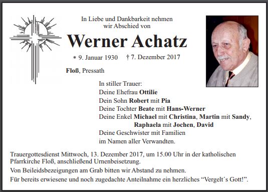 Traueranzeige Werner Achatz Floß