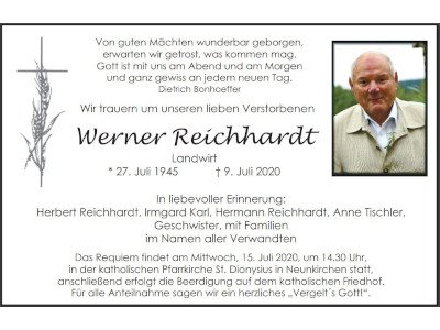 Traueranzeige Werner Reichhardt, Neunkirchen 400 300