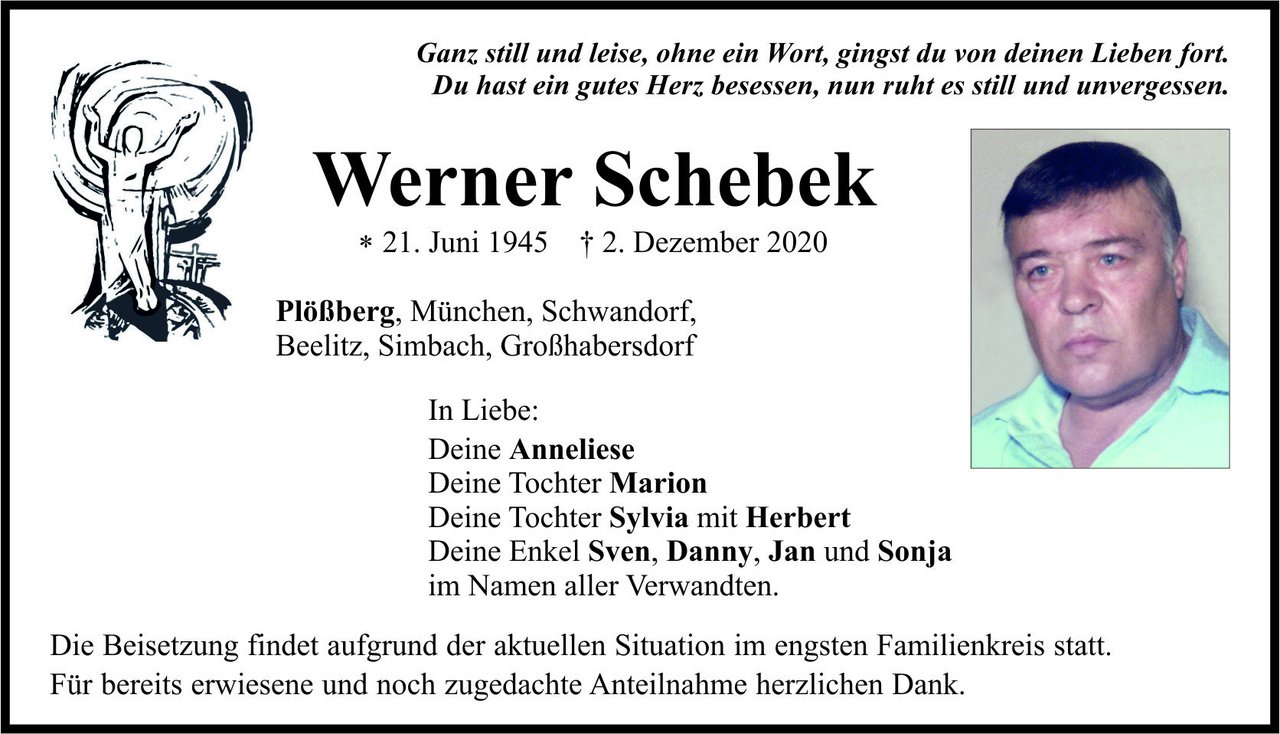 Traueranzeige Werner Schebek, Plößberg