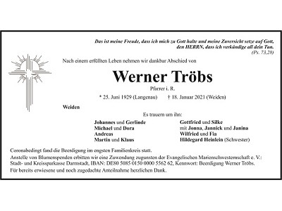 Traueranzeige Werner Tröbs, Weiden 400x300