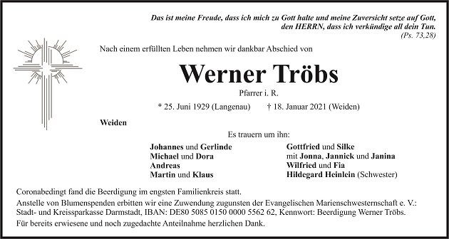 Traueranzeige Werner Tröbs, Weiden