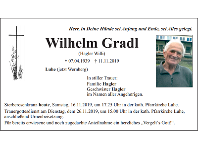 Traueranzeige Wilhelm Gradl Luhe (Wernberg) 400x300
