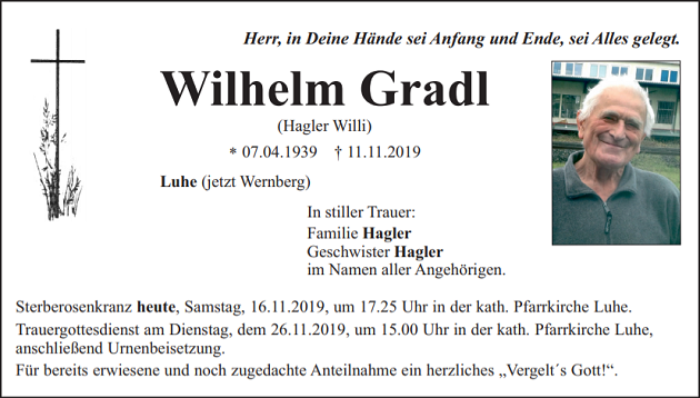 Traueranzeige Wilhelm Gradl Luhe (Wernberg)