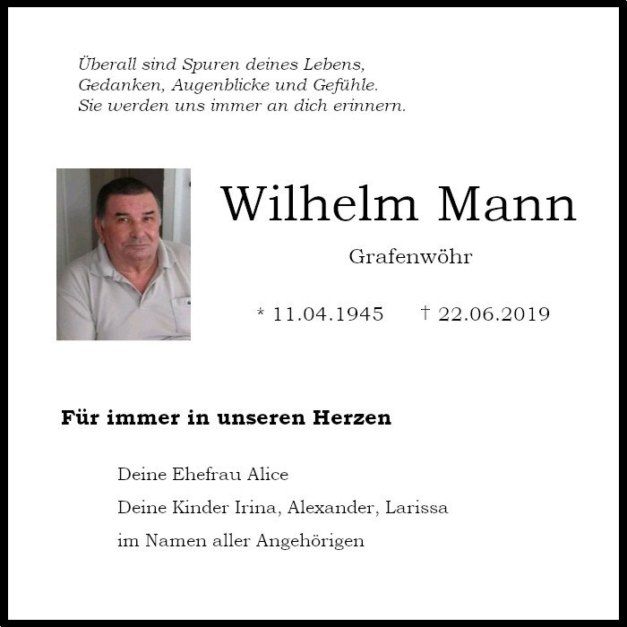 Traueranzeige Wilhelm Mann