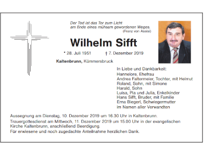 Traueranzeige Wilhelm Sifft, Kaltenbrunn 400x300
