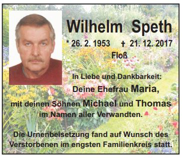 Traueranzeige Wilhelm Speth Floß
