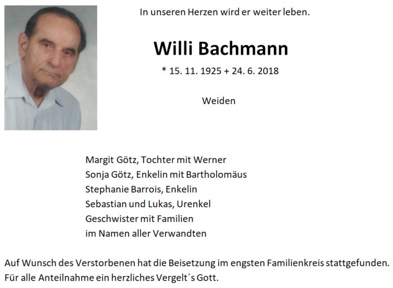 Traueranzeige Willi Bachmann Weiden
