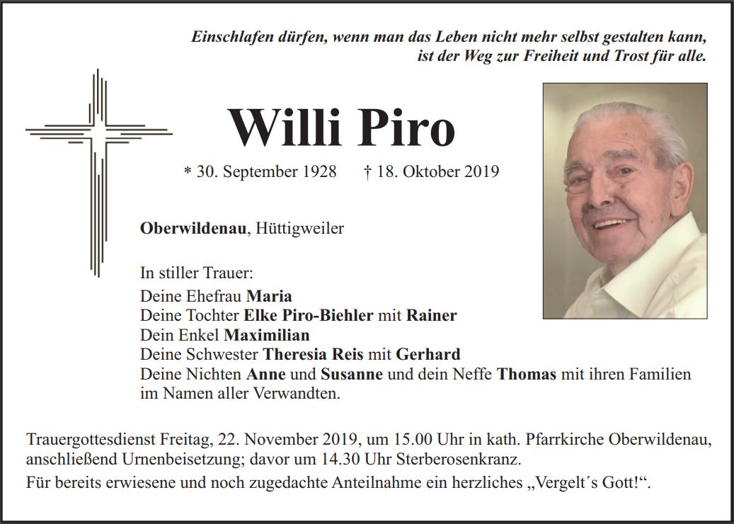 Traueranzeige Willi Piro, Oberwildenau