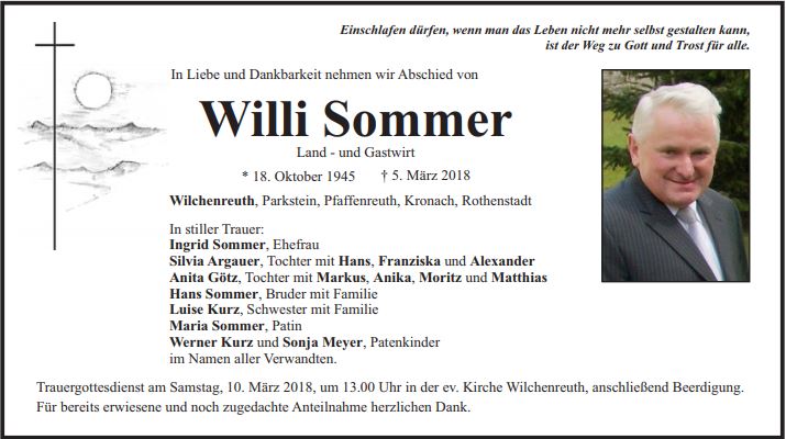 Traueranzeige Willi Sommer, Wilchenreuth