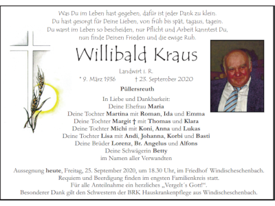 Traueranzeige Willibald Kraus, Püllersreuth 400x300