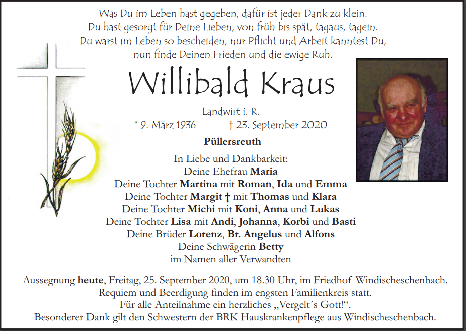 Traueranzeige Willibald Kraus, Püllersreuth