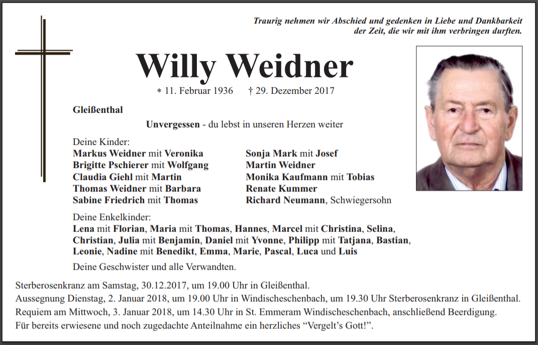 Traueranzeige Willy Weidner, Gleißenthal