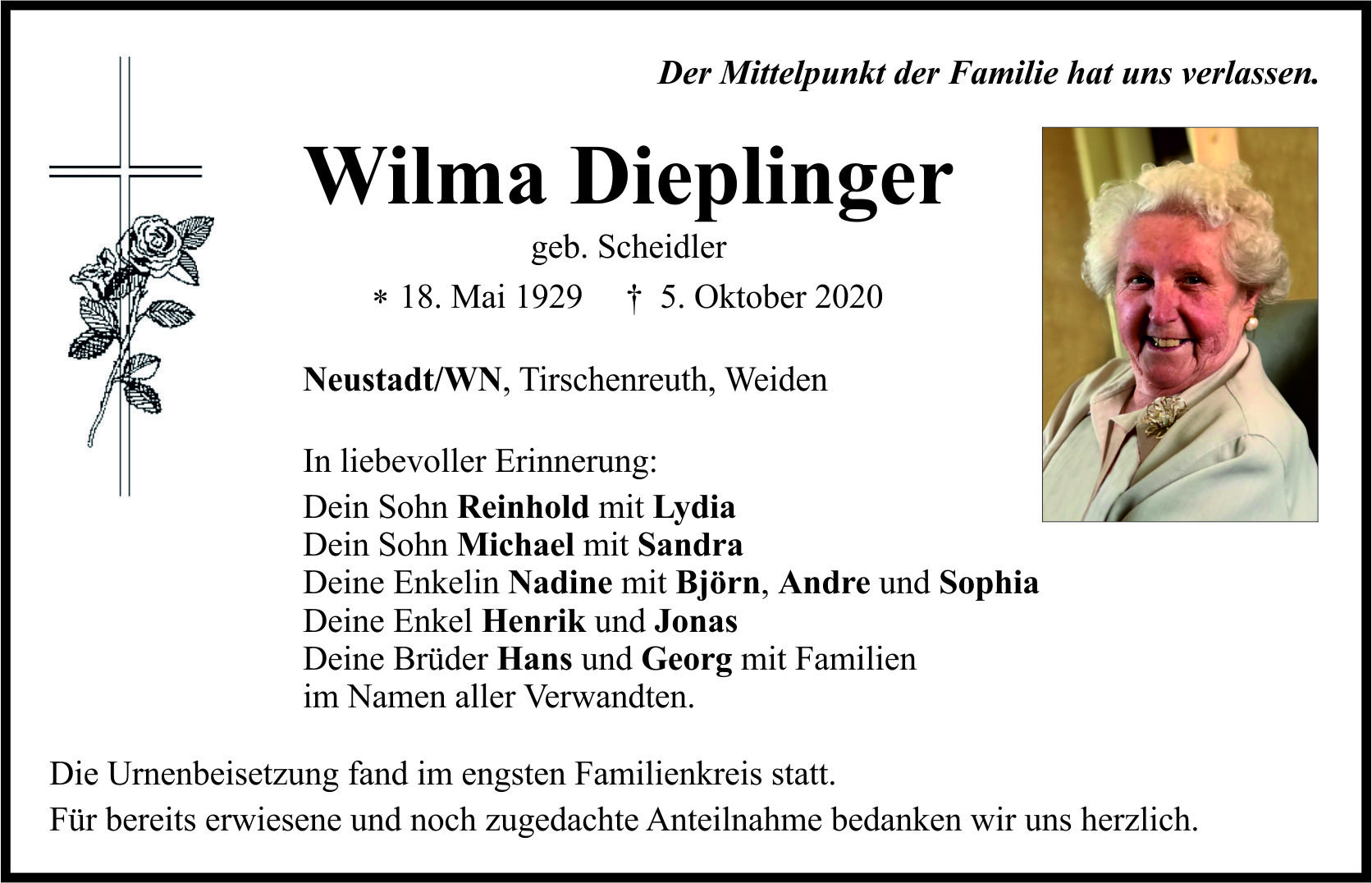 Traueranzeige Wilma Dieplinger, Neustadt.WN
