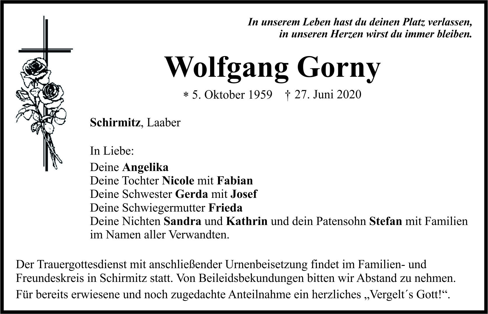 Traueranzeige Wolfgang Gorny