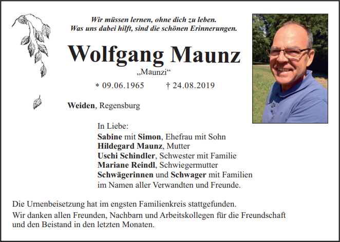 Traueranzeige Wolfgang Maunz Weiden