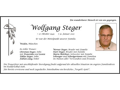 Traueranzeige Wolfgang Steger Weiden 400x300