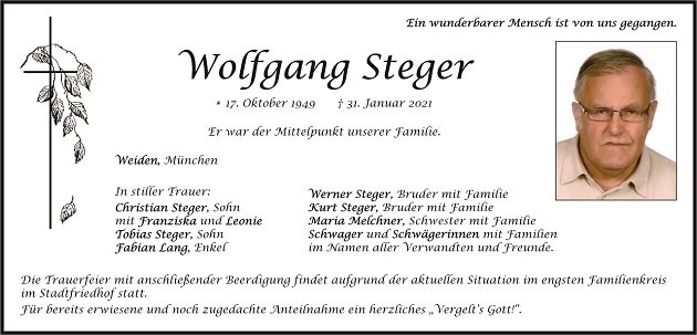 Traueranzeige Wolfgang Steger Weiden