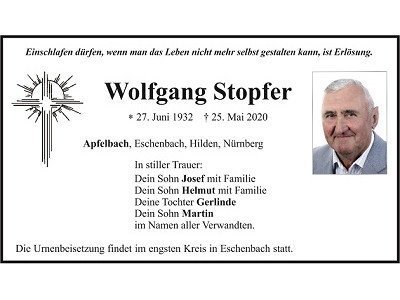 Traueranzeige Wolfgang Stopfer Apfelbach 400x300