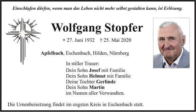 Traueranzeige Wolfgang Stopfer Apfelbach