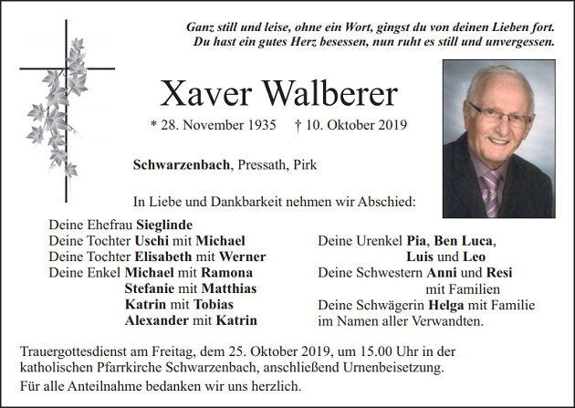 Traueranzeige Xaver Walberer Schwarzenbach