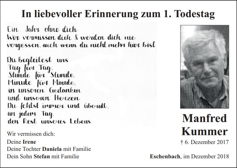 Traueranzeige in Erinnerung an Manfred Kummer, Eschenbach