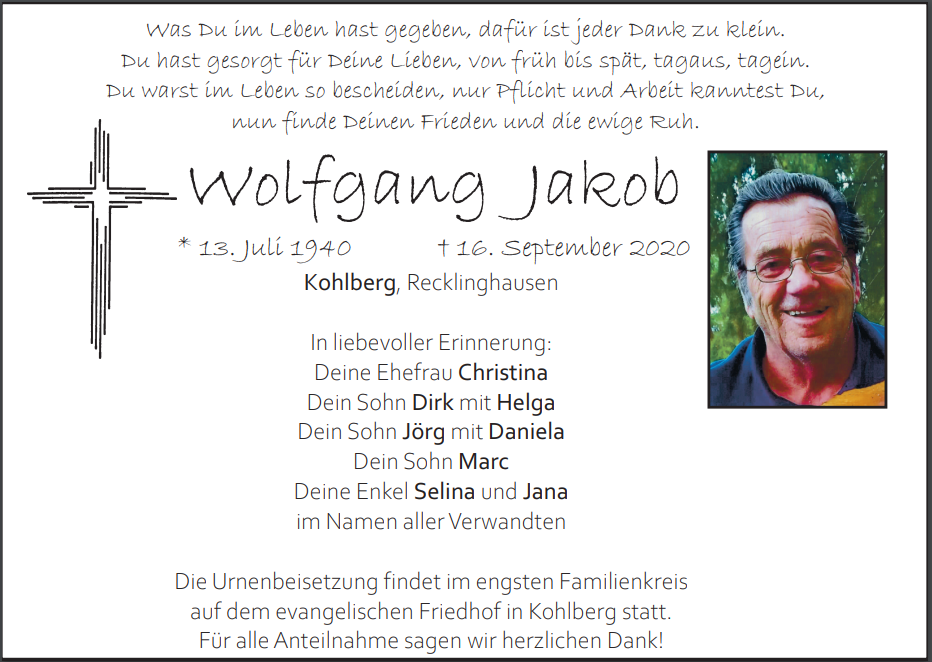 Traueranzeige wolfgang Jakob, Kohlberg