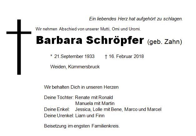 Traueranzeige Barbara Schröpfer