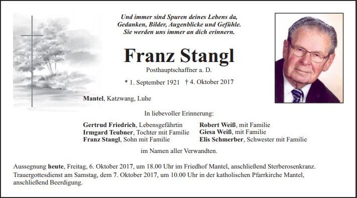 Traueranzeigen Franz Stangl Mantel