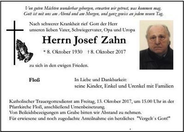 Traueranzeigen Josef Zahn Floß