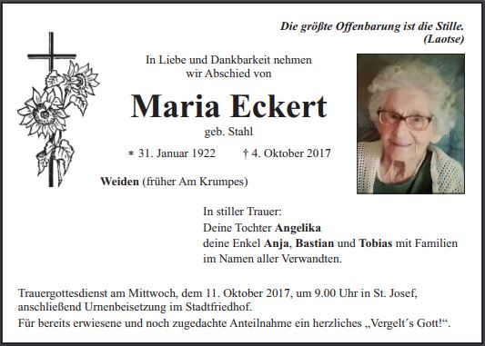Traueranzeigen Maria Eckert, Weiden