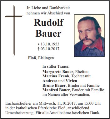 Traueranzeigen Rudolf Bauer Floß