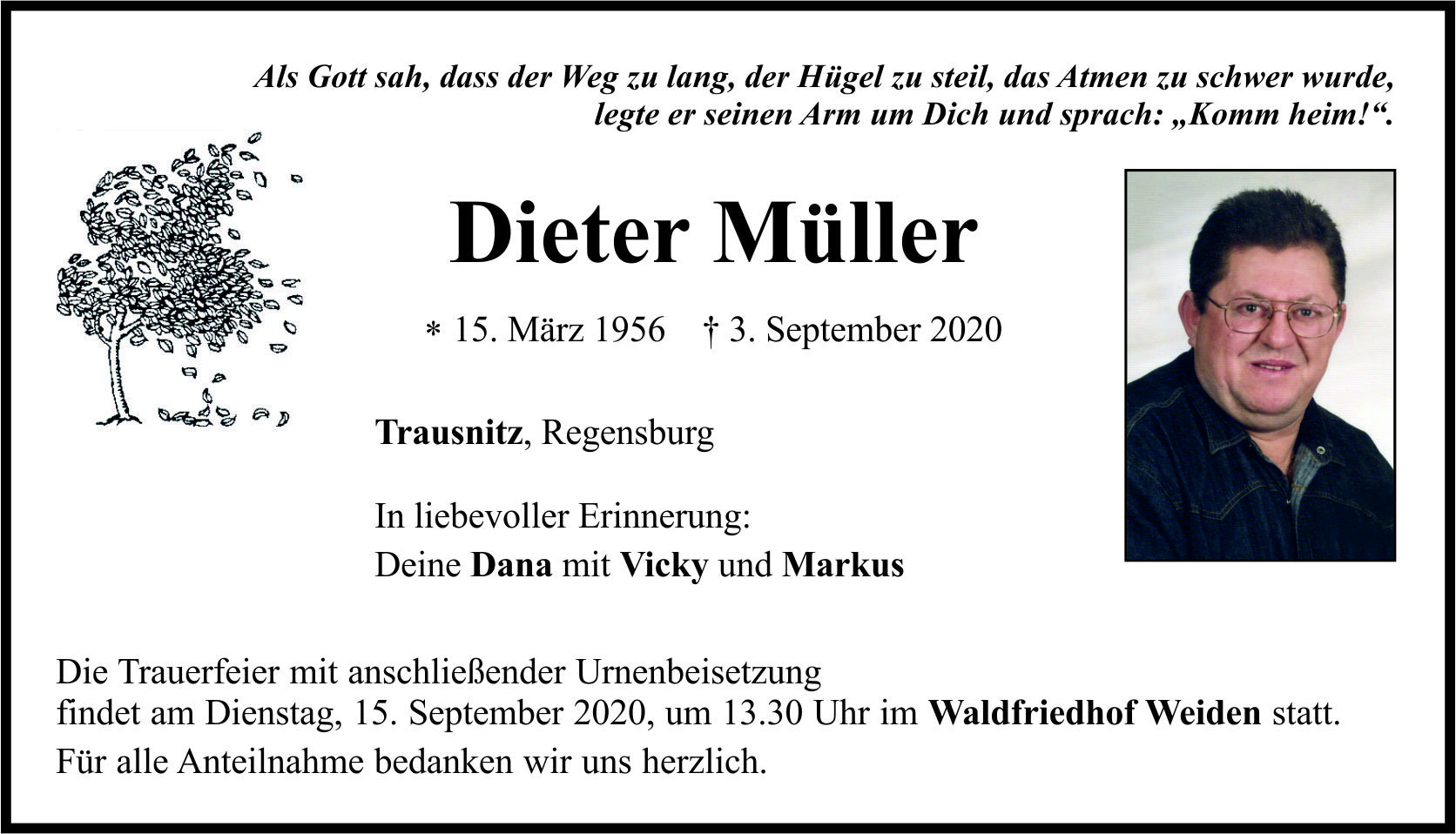Trauernanzeige Dieter Müller, Trausnitz