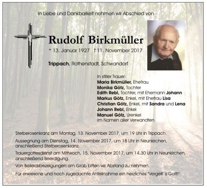 Rudolf Birkmüller Traueranzeige