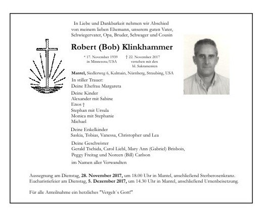 Traueranzeige Robert (Bob) Klinkhammer, Mantel