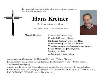 Traueranzeige Hans Kreiner, Mantel