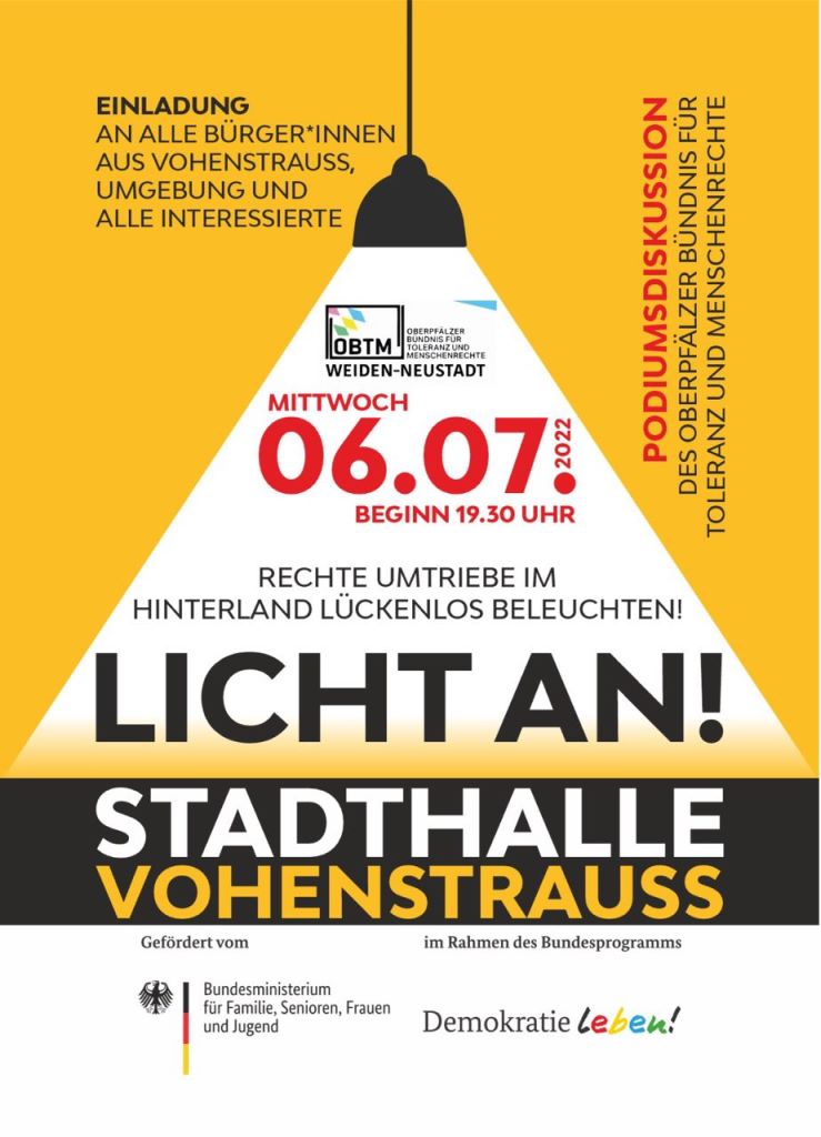 Der Flyer zur Podiumsdiskussion am 6. Juli in Vohenstrauß. Bild: OBTM Weiden-Neustadt