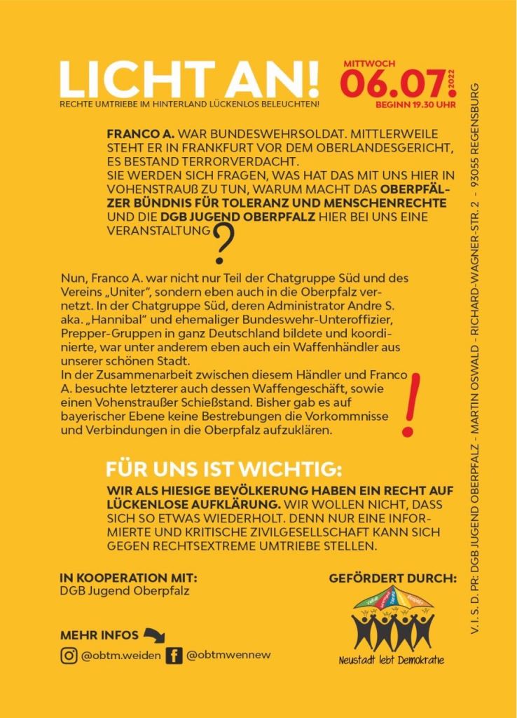 Der Flyer zur Podiumsdiskussion am 6. Juli in Vohenstrauß. Bild: OBTM Weiden-Neustadt