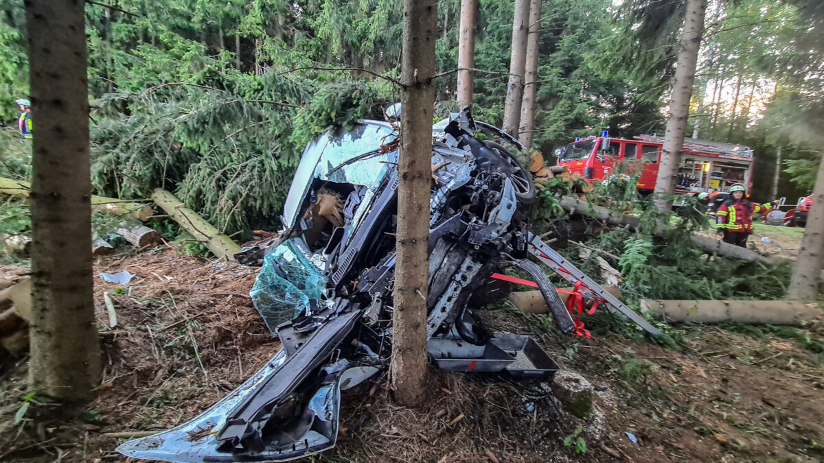 Das Fahrzeug krachte in einen Brennholzstapel und mehrere Bäume. Foto: NEWS5 / Wellenhöfer