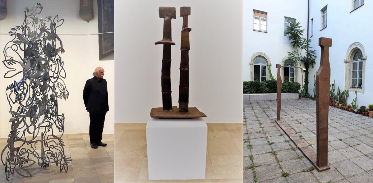 Der Nordoberpfälzer Künstler Jeff Beer stellt über 80 seiner Exponate im dreiseitigen Kreuzgang und dem Innenhof der Passauer Sankt-Anna-Kapelle aus. Bild/Collage: privat/jrh