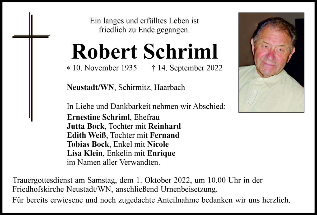 Traueranzeige Robert Schriml Neustadt Waldnaab Schirmitz