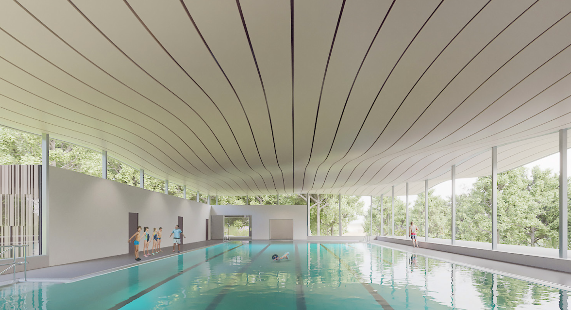 Auch der Schwimmunterricht für Kinder wird in der neuen Schwimmhalle wieder aufgenommen werden können. Bilder: studio gollwitzer architekten GmbH
