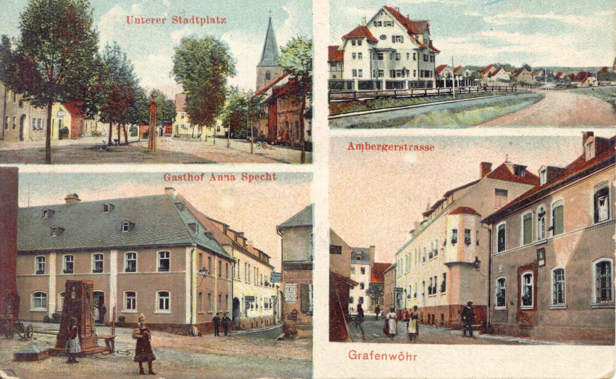 Postkarte von 1910 mit Ansichten Marktplatz, Gasthof Waldlust und Untere Torstraße. Foto: Kultur- und Militärmuseum Grafenwöhr