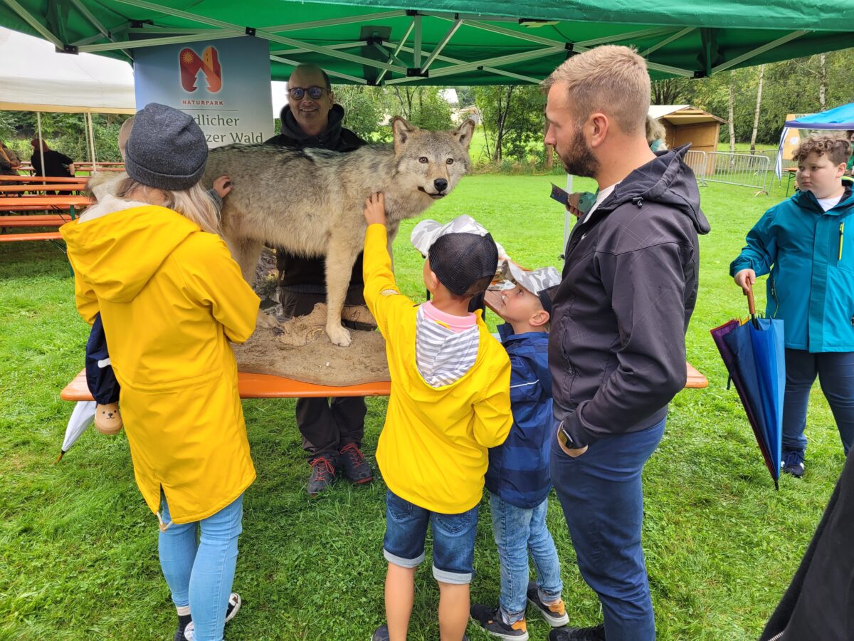Beim Informationsstand des Naturparks Nördlicher Oberpfälzer Wald konnten die Kinder eine Wölfin streicheln. Foto: Gabriele Buchbinder