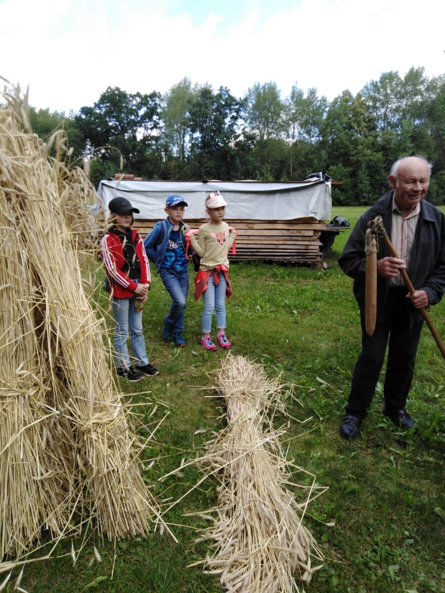 Auf der Blechmühle wurde den Kindern gezeigt, wie man früher mit dem Dreschflegel die Körner aus den Ähren geholt hat. Foto: KAB/Barbara Raps