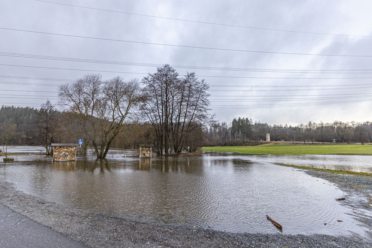 Mehrere Wiesen und Wege entlang der Waldnaab stehen unter Wasser.  Foto: OberpfalzECHO/David Trott